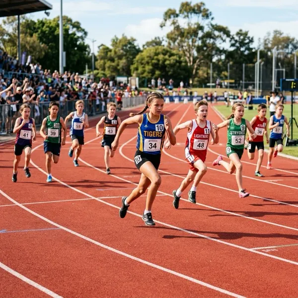 Niños corriendo en pista de atletismo
